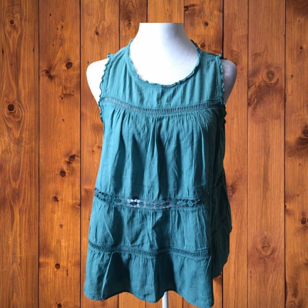 Ann Taylor LOFT Petite Small Tiered Ruffle Boho Peasant Tank Blouse Green